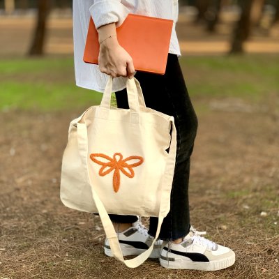 Hesna Natural Bez Çanta - Turuncu Nakışlı